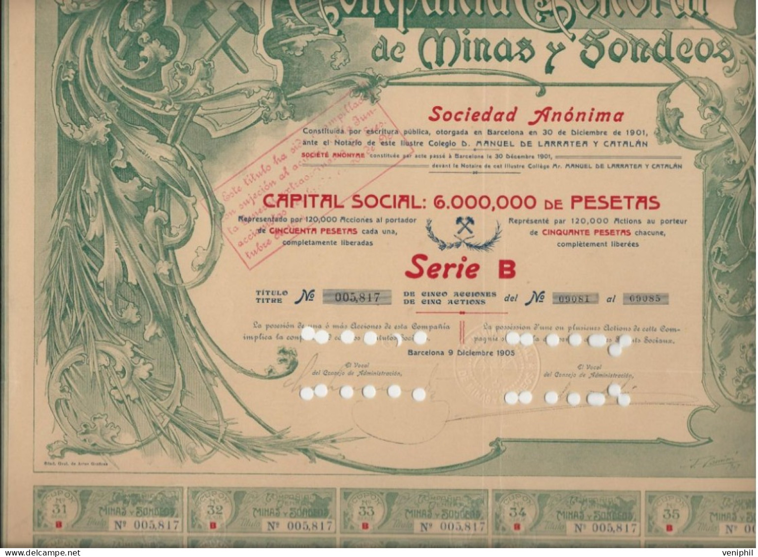 COMPAGNIE GENERAL DES MINES Y SODEOS - TITRE DE 5 ACTIONS DE 50 PSETAS -1905 BARCELONE - Mines