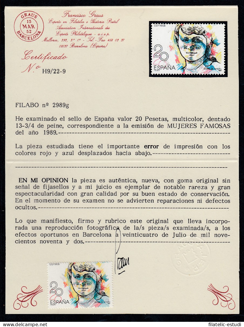 España Spain Variedad 2989g 1989 María De Maeztu Error Certif. Graus - Other & Unclassified