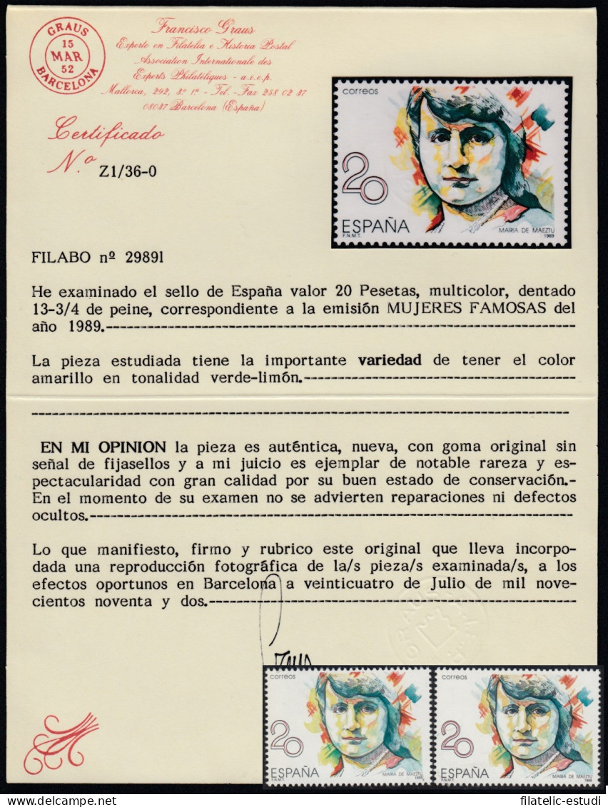 España Spain Variedad 2989l 1989 Maria De Maeztu Error Certif. Graus - Andere & Zonder Classificatie