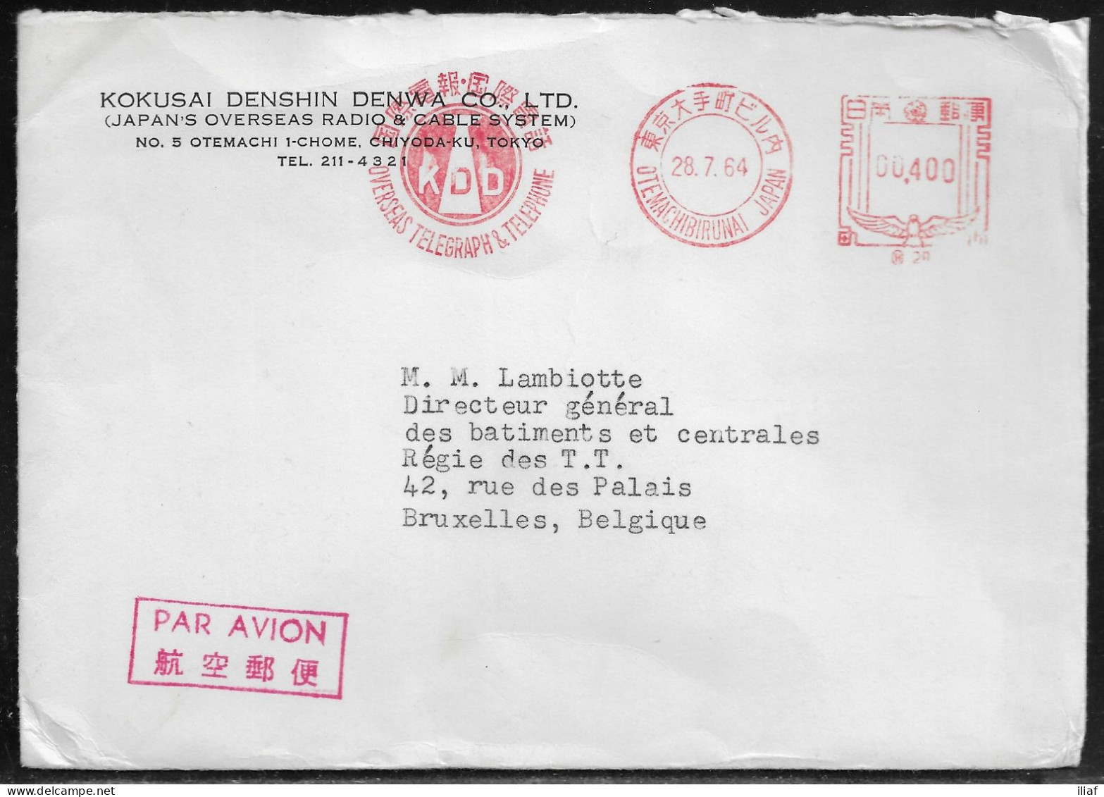 Japan. Meter Cancellation On Commercial Air Mail Letter, Sent From Tokyo At 28.07.1964 To Belgium. - Covers & Documents