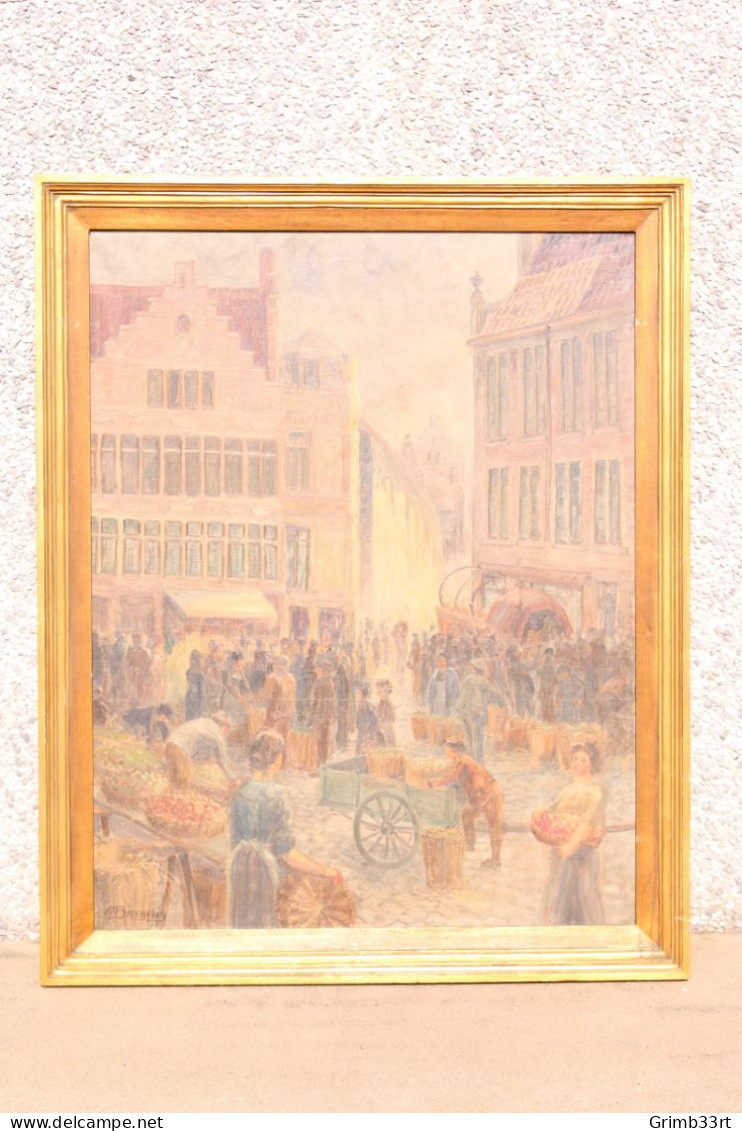 Adolf Baeyens (1886-1969) - Fruitmarkt In Gent - Olie Op Doek - 110 X 85 Cm - Huiles