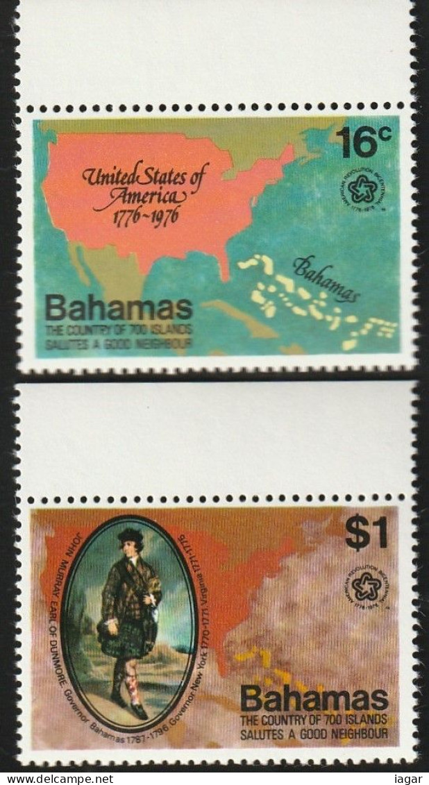 THEMATIC INDEPENDENCE OF THE U.S.A.:  BICENTENARY OF AMERICAN REVOLUTION.  MAP OF NORTH AMERICA   -  2v+MS   -  BAHAMAS - Independecia USA