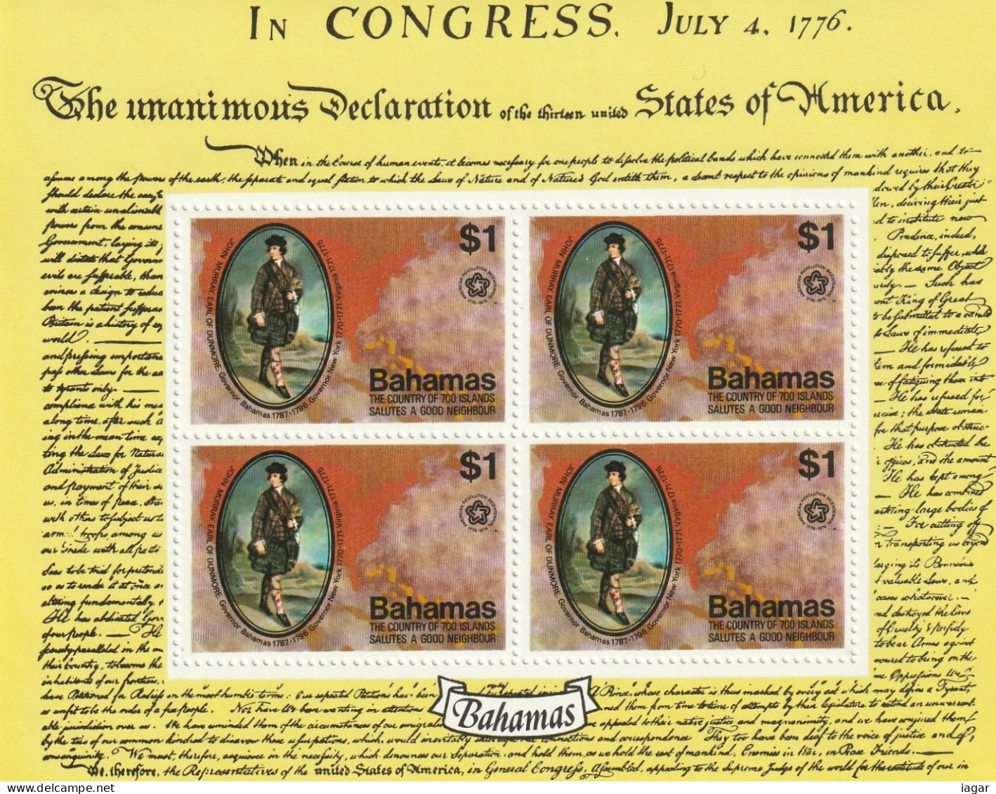 THEMATIC INDEPENDENCE OF THE U.S.A.:  BICENTENARY OF AMERICAN REVOLUTION.  MAP OF NORTH AMERICA   -  2v+MS   -  BAHAMAS - Unabhängigkeit USA