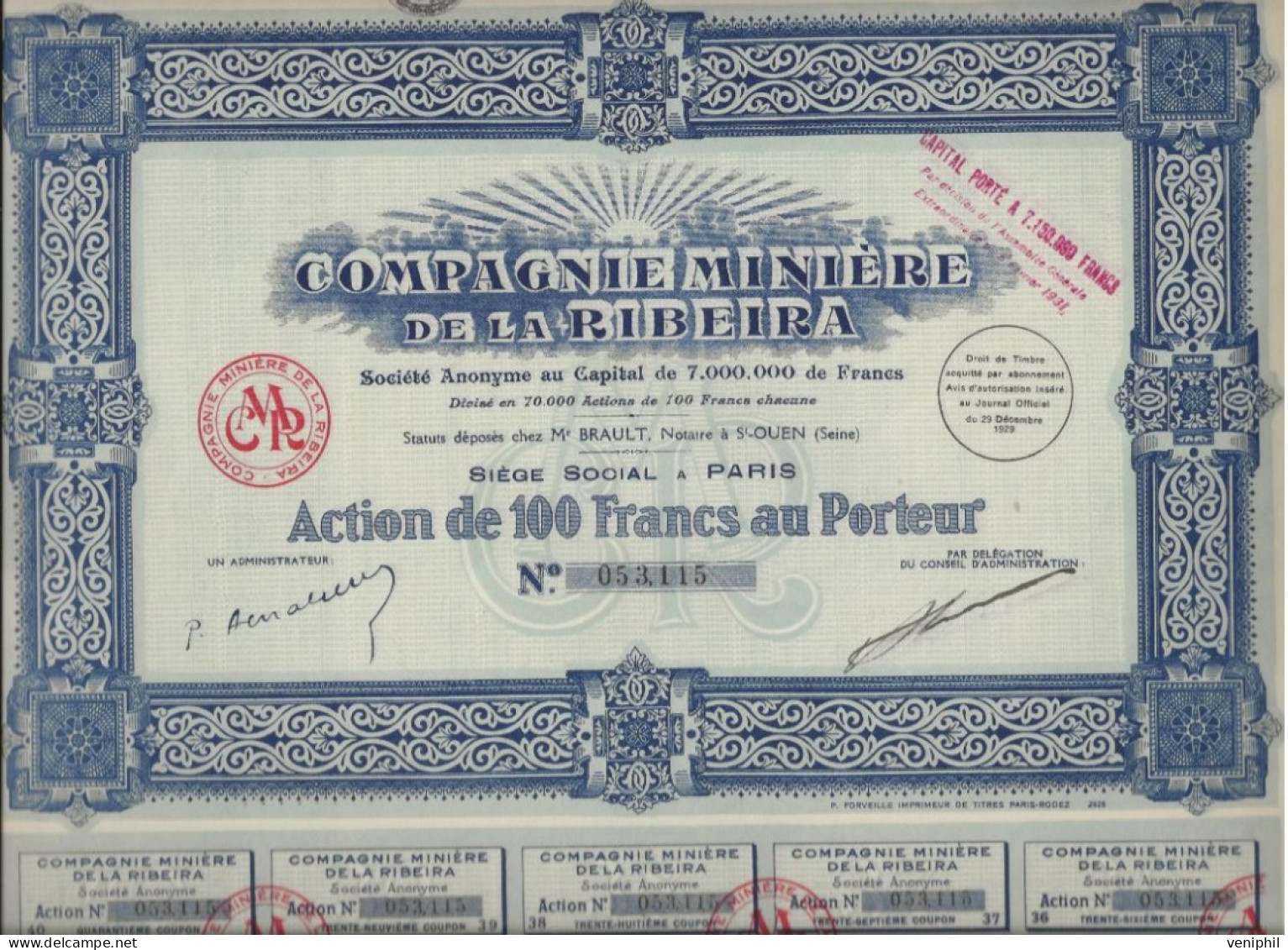 COMPAGNIE MINIERE DE LA RIBEIRA - LOT DE 5 ACTIONS DE 100 FRS - ANNEE 1929 - Bergbau