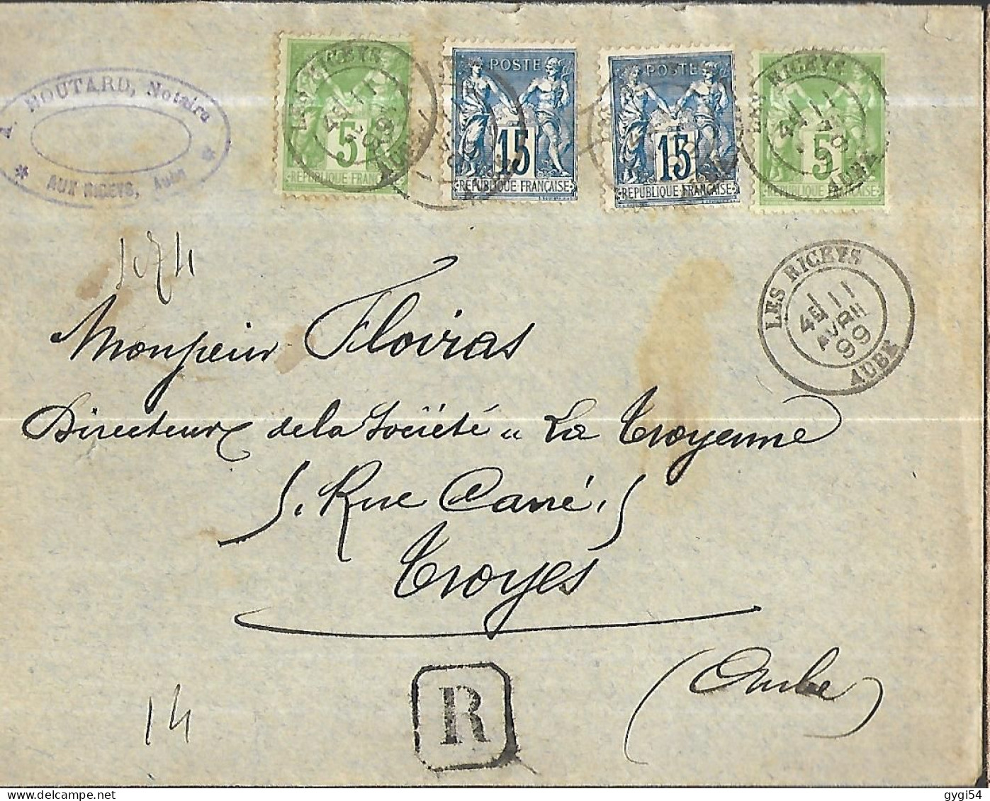 FRANCE Lettre Recommandée Du 11 04 1899  Des RICETS  Pour  Troyes - 1898-1900 Sage (Tipo III)