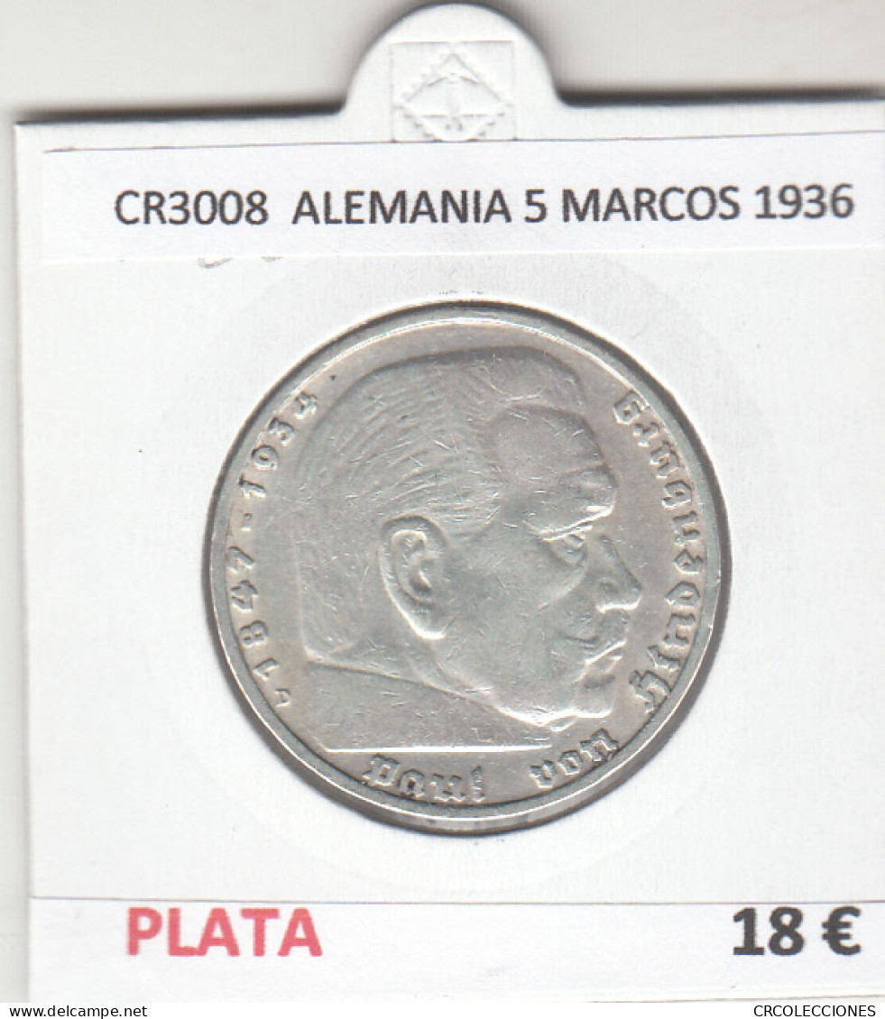 CR3008 MONEDA ALEMANIA 5 MARCOS 1936 MBC PLATA - Other & Unclassified