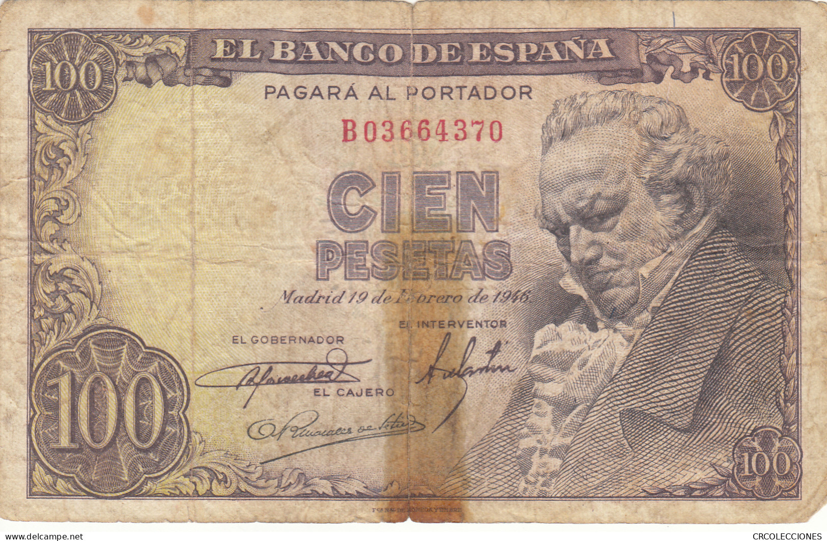 CRBS1134 BILLETE ESPAÑA 100 PESETAS 1946 USADO CON FIXO - Otros & Sin Clasificación