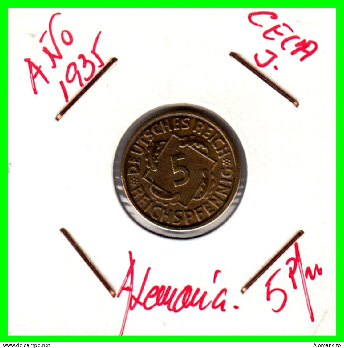 GERMANY REPÚBLICA DE WEIMAR 5 PFENNIG DE PENSIÓN ( 1935 CECA-J ) MONEDA DEL AÑO 1923-1936 (RENTENPFENNIG KM # 32 - 5 Renten- & 5 Reichspfennig