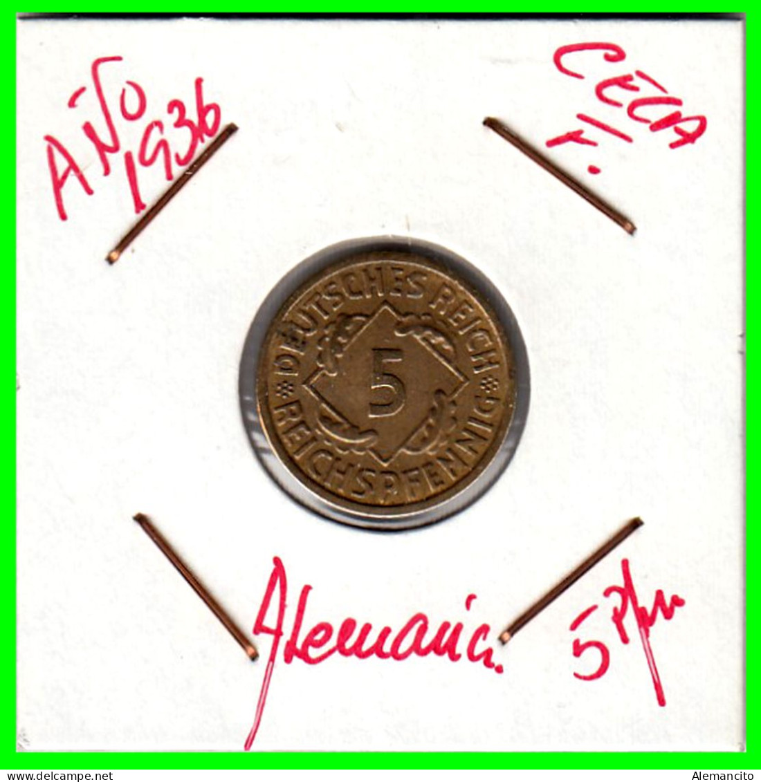 GERMANY REPÚBLICA DE WEIMAR 5 PFENNIG DE PENSIÓN ( 1936 CECA-F ) MONEDA DEL AÑO 1923-1936 (RENTENPFENNIG KM # 32 - 5 Renten- & 5 Reichspfennig