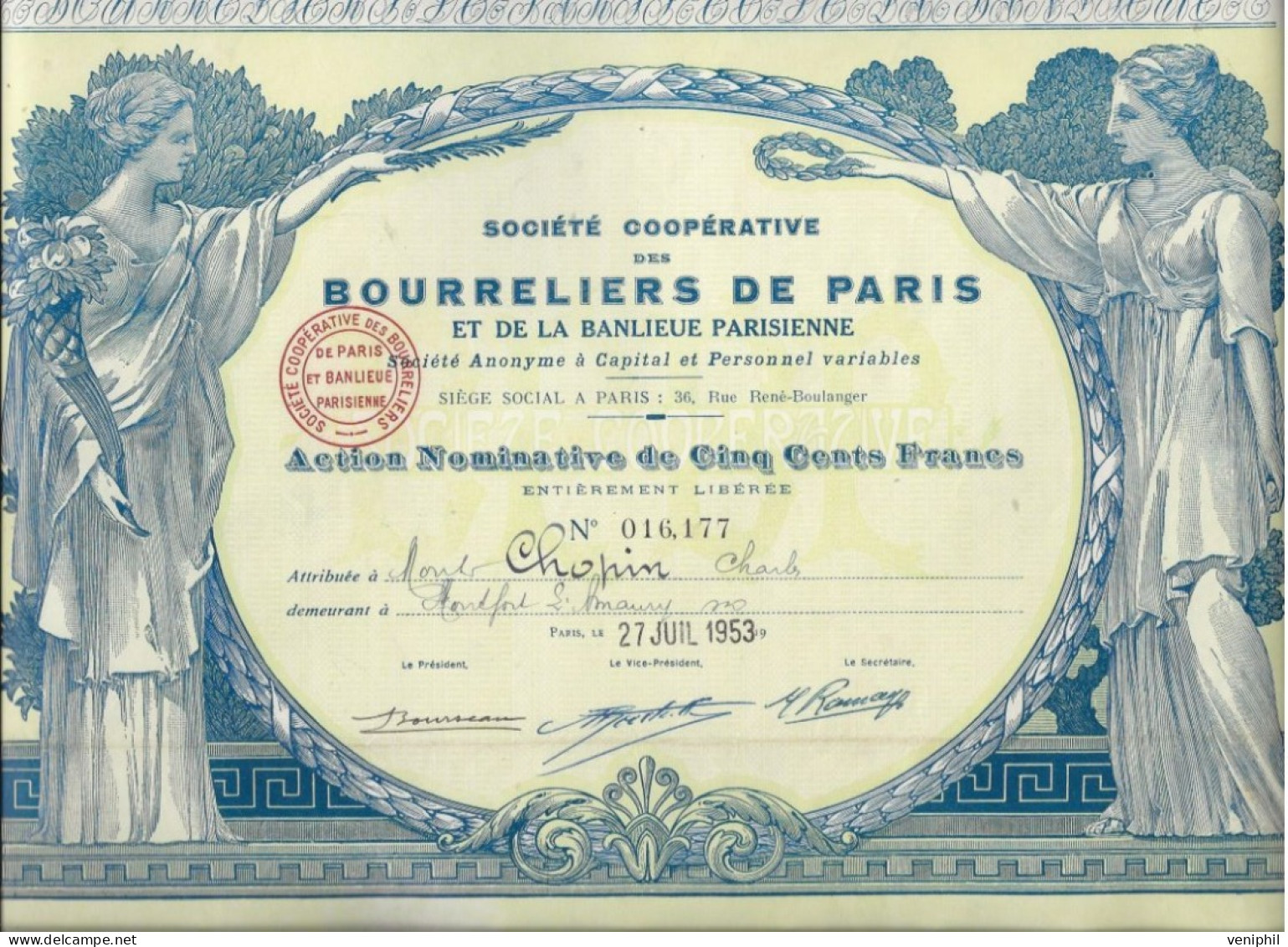 SOCIETE COOPERATIVE DES BOURRELIERS DE PARIS ET DE LA BANLIEU -ACTION NOMINATIVE DE CINQ CENTS FRANCS-1953 - Autres & Non Classés