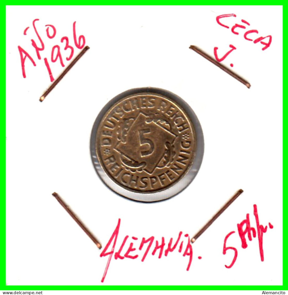 GERMANY REPÚBLICA DE WEIMAR 5 PFENNIG DE PENSIÓN ( 1936 CECA-J ) MONEDA DEL AÑO 1923-1936 (RENTENPFENNIG KM # 32 - 5 Rentenpfennig & 5 Reichspfennig