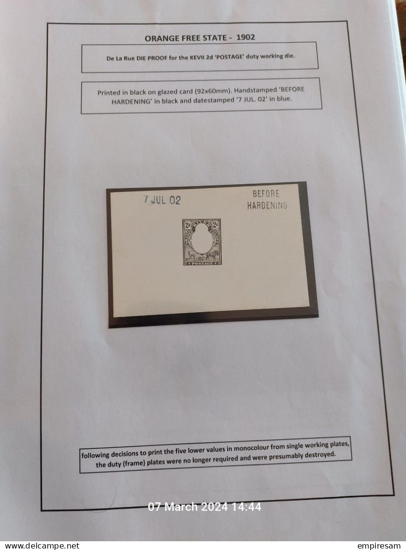 ORANGE FREE STATE -  1902 -  De La Rue DIE PROOF For The KEVII 2d ‘POSTAGE’ Duty Working Die. - Stato Libero Dell'Orange (1868-1909)