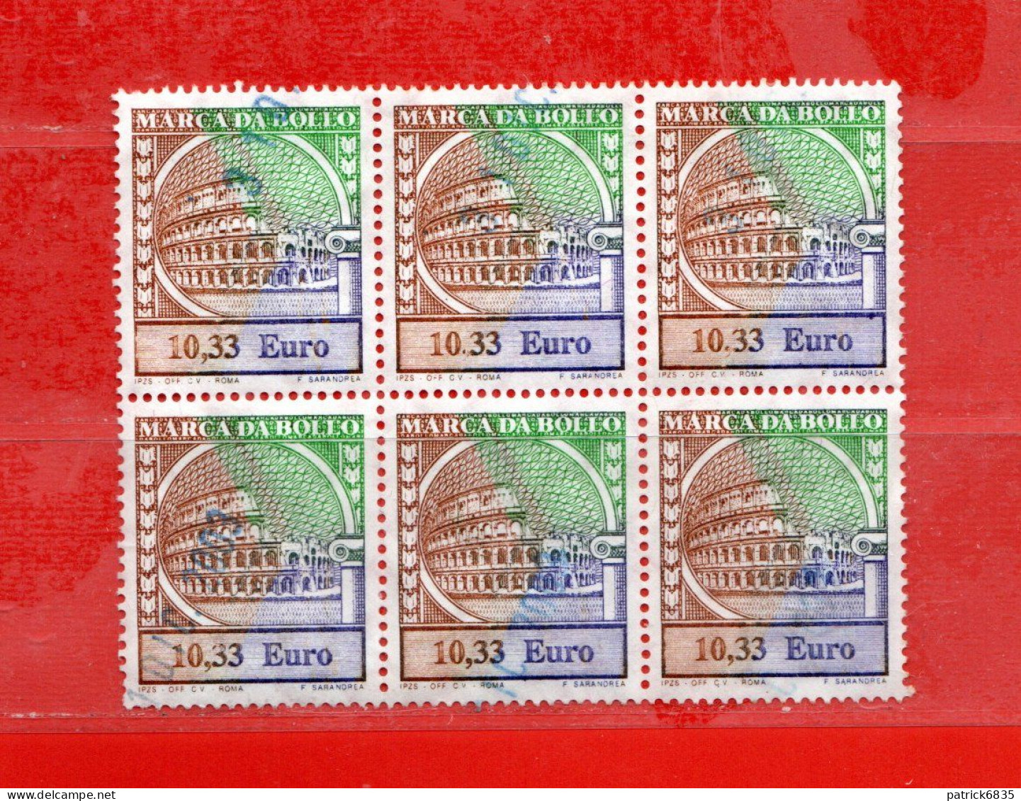 Marca Da Bollo °-2002 - Tassa Fissa  &euro; 10,33 , Cat.Unif 279. Blocco Di 6. - Revenue Stamps