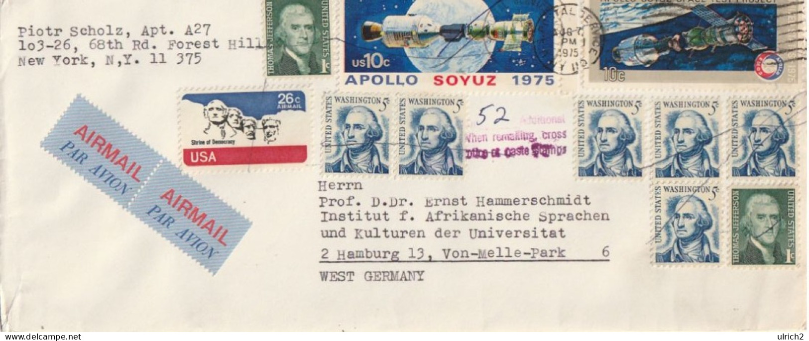 US - Airmail - New York To Germany - 1975 (68052) - Brieven En Documenten