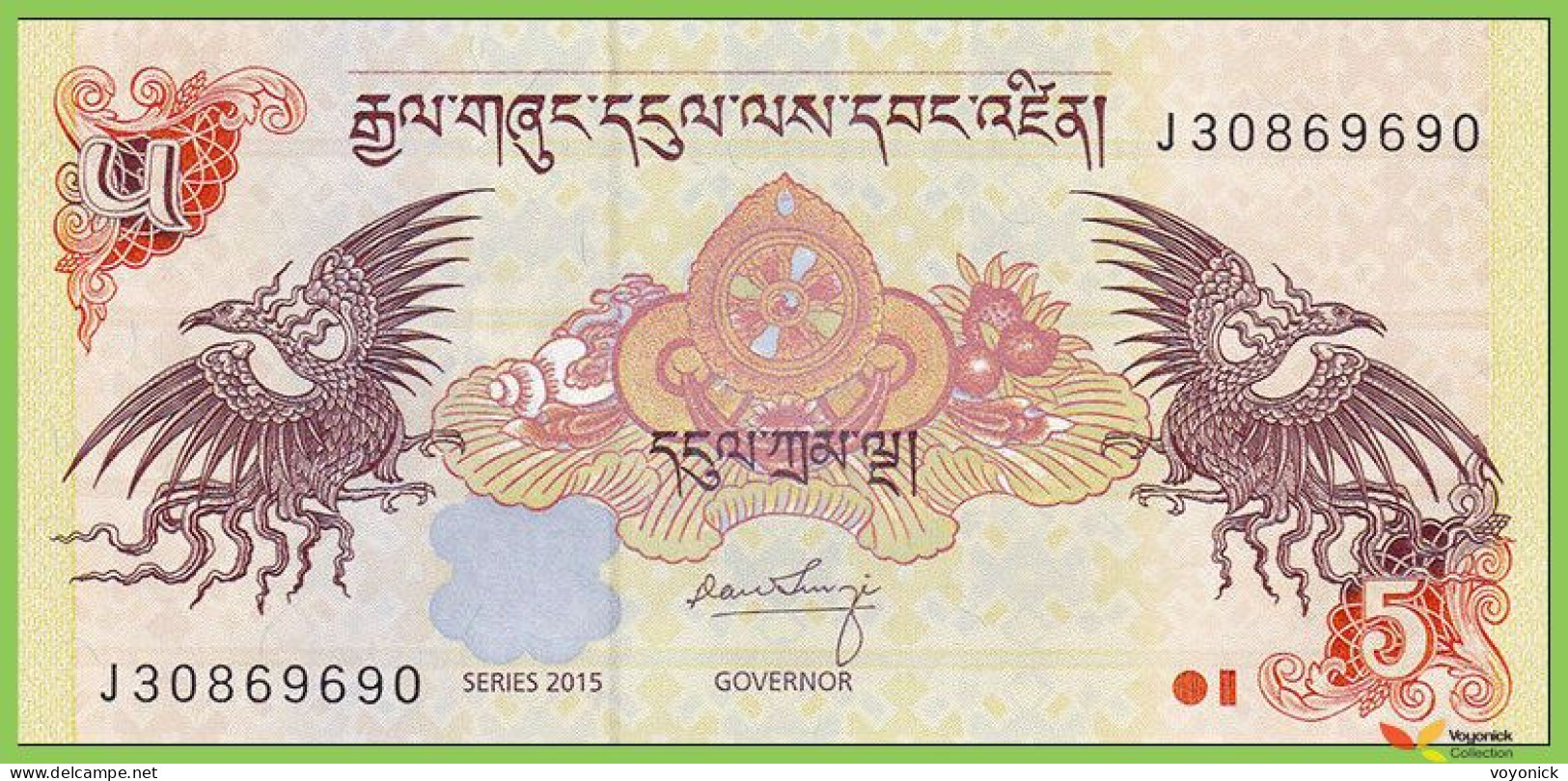 Voyo BHUTAN 5 Ngultrum 2015 P28c UNC Birds Prefix J - Bhután