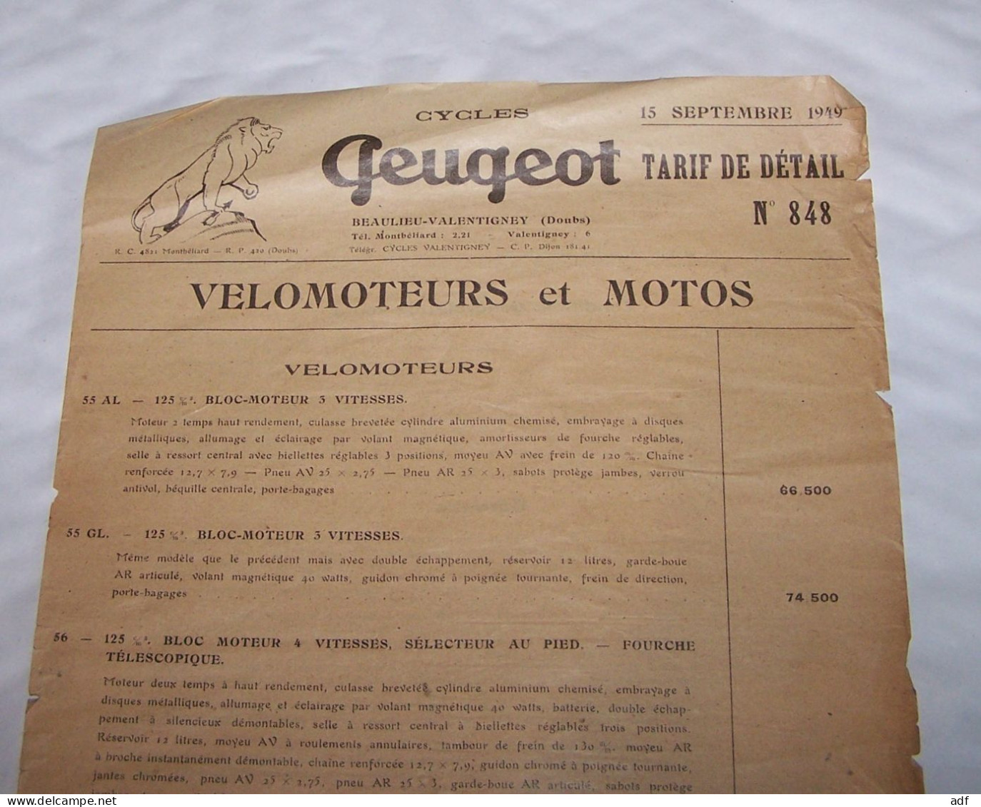 FEUILLE TARIF DE DETAIL CYCLES PEUGEOT 1949, VELOMOTEURS, MOTOS, TRIMOTEURS - Moto