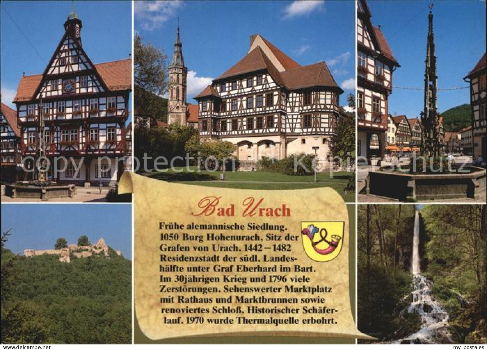 72534036 Bad Urach Rathaus Fachwerkhaus Schloss Amanduskirche Marktbrunnen Burgr - Bad Urach