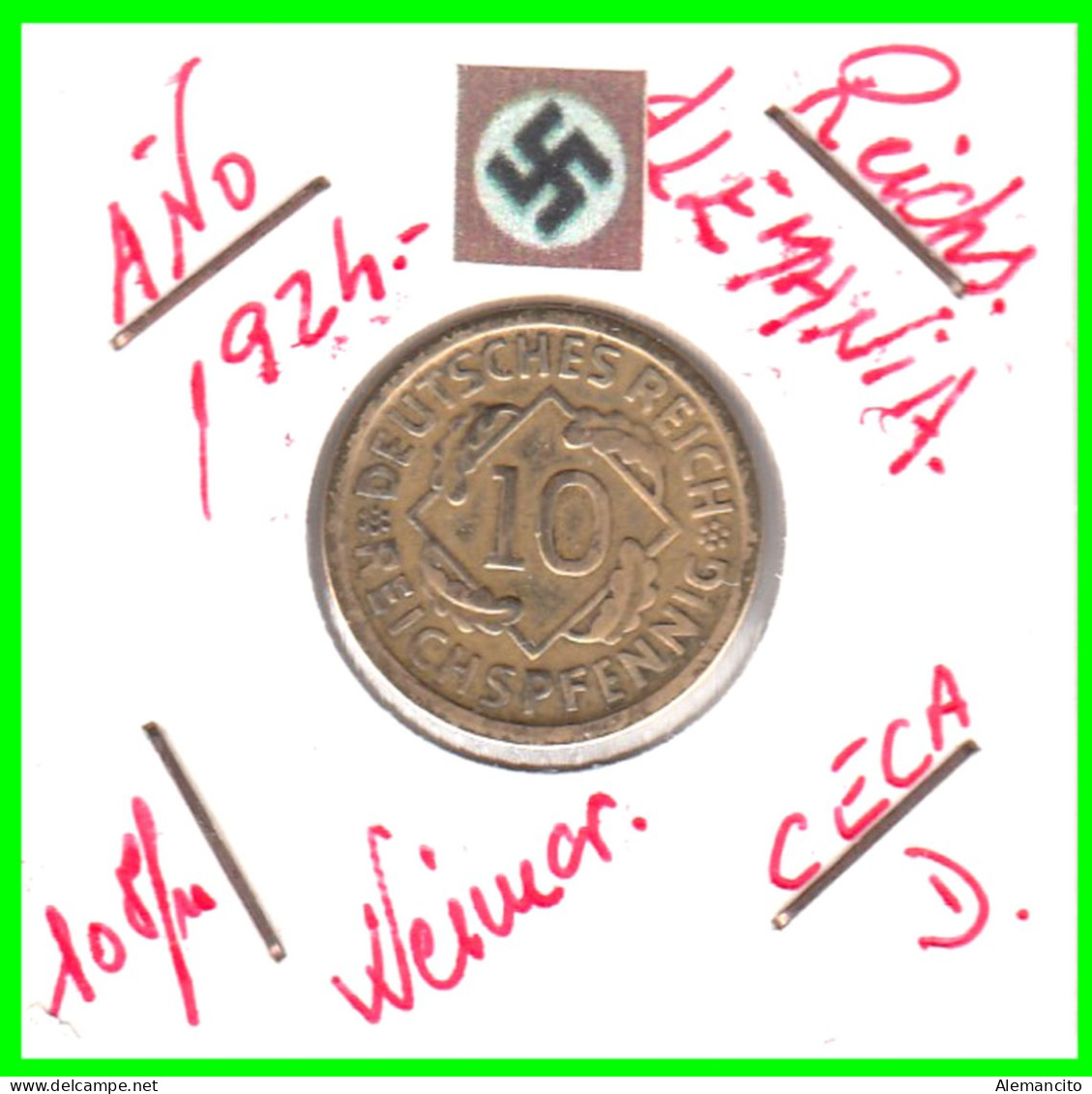 GERMANY REPÚBLICA DE WEIMAR 10 PFENNIG DE PENSIÓN ( 1924 CECA-D ) MONEDA DEL AÑO 1923-1936 (RENTENPFENNIG KM # 32 - 10 Renten- & 10 Reichspfennig