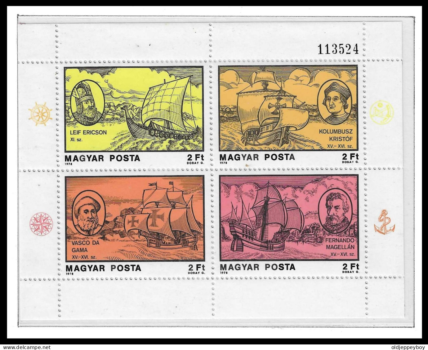 Magyar Posta 1978, Sailors: Leif Eriksson, Viking Ship, Vasco Da Gama, Ship "Sao Gabriel", MiNr. 3294A-3297A Block 131A - Erforscher