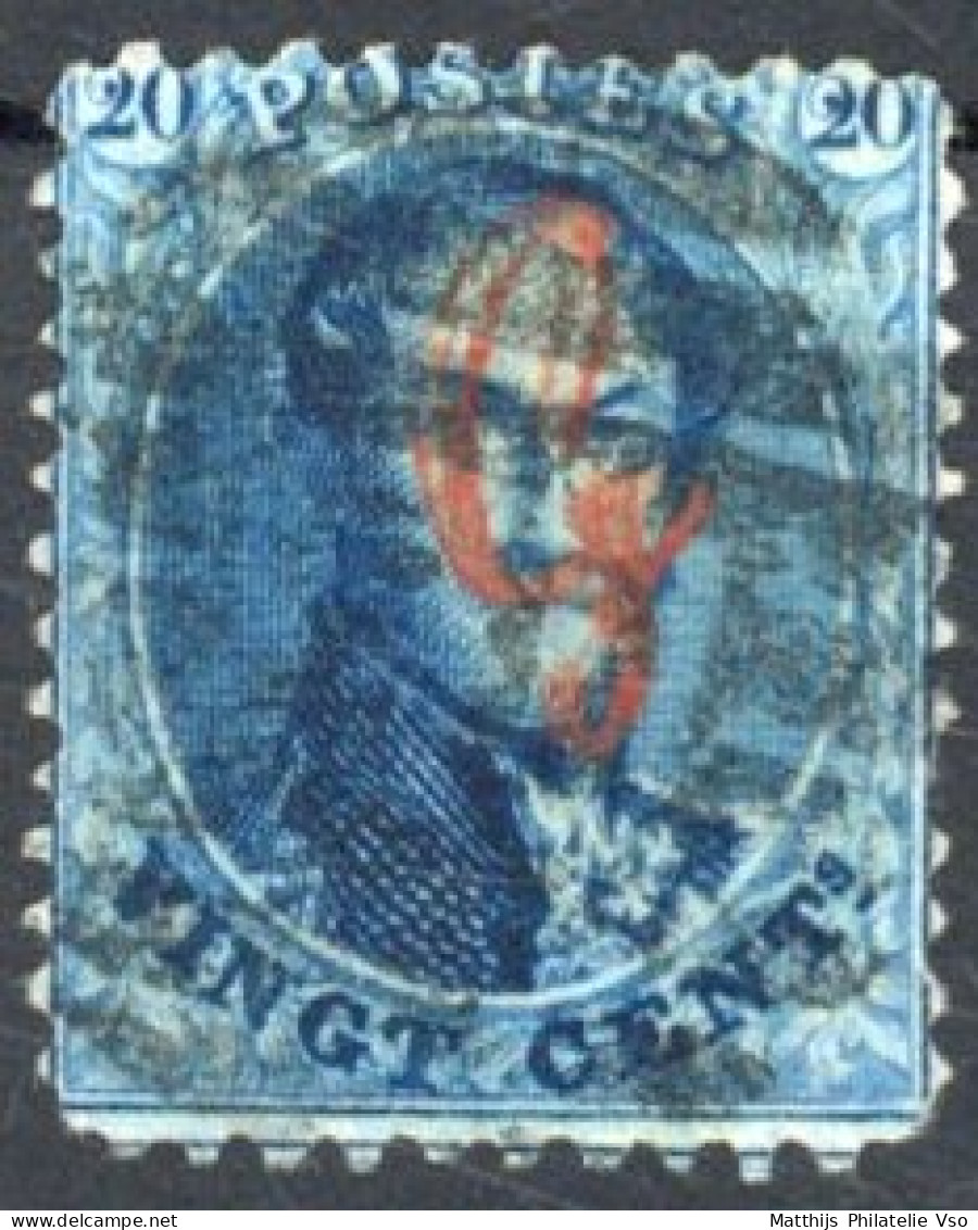 [O SUP] N° G15-Cu, 20c Bleu Avec Surcharge 'G' Guillochin  Doublée. Obl Idéale 'P83' 8b Mons. Certificat Photo. Rare - 1863-1864 Medaglioni (13/16)