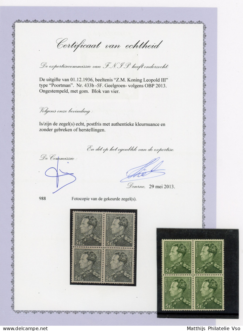 [** SUP] N° 433b, 5F Vert-jaune En Bloc De 4, Excellent Centrage Et Fraîcheur Postale -  Certificat Photo FNIP. Très Rar - 1936-1951 Poortman