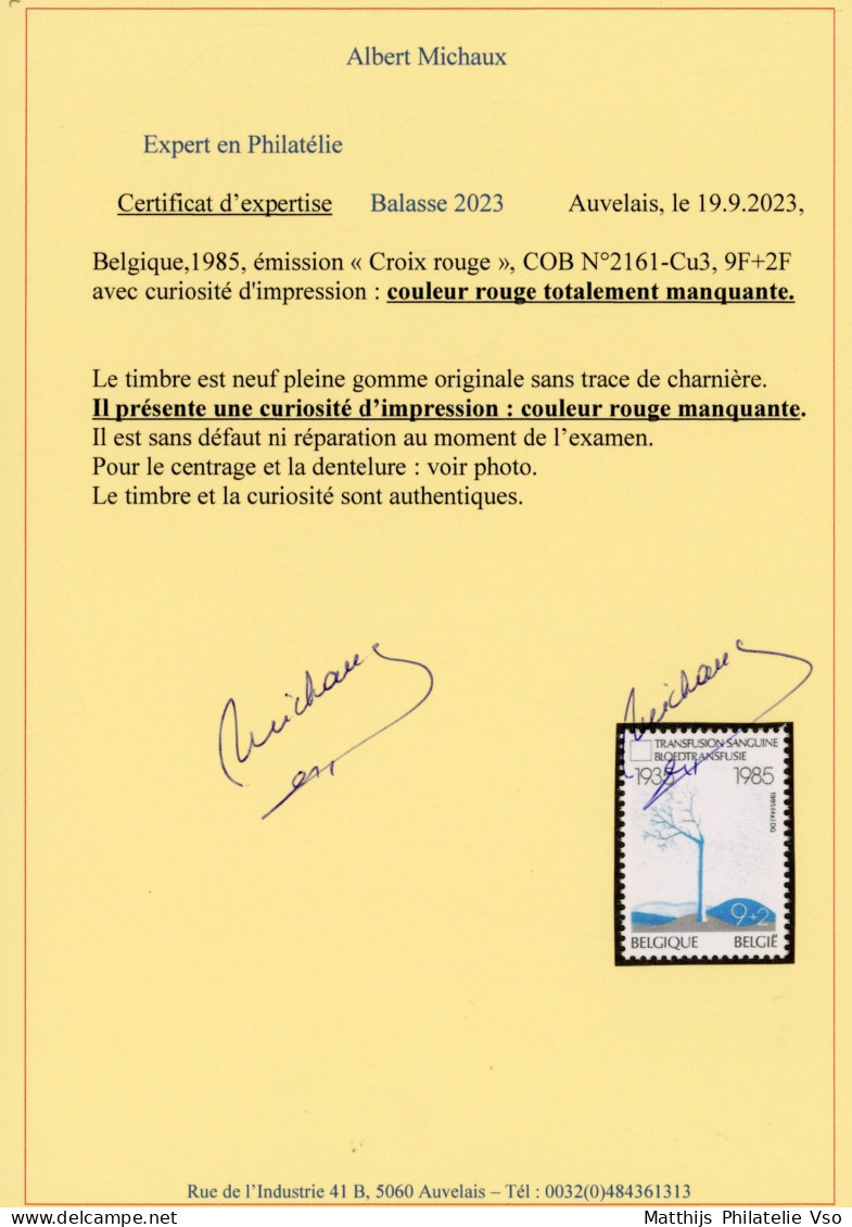 [** SUP] N° 2161-Cu3, Couleur Rouge Totalement Manquante. Certificat Photo. Rare - Autres & Non Classés