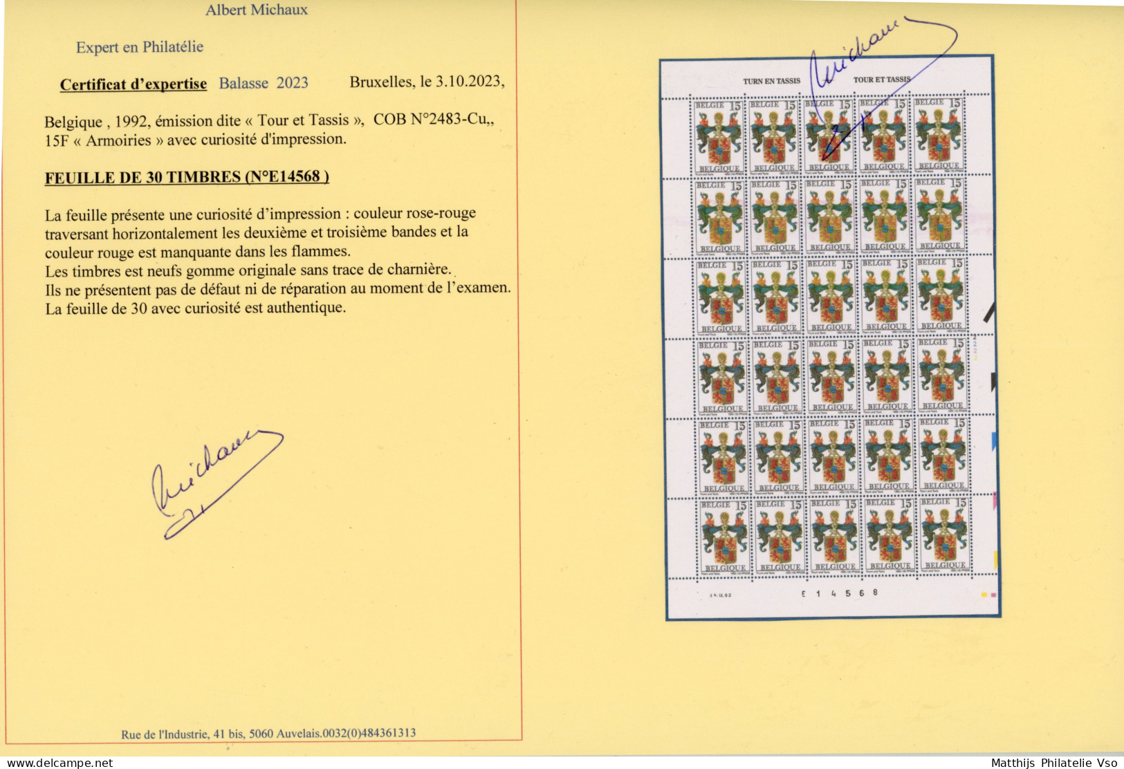 [** SUP] N° 2483-Cu, 'Tour Et Tassis' Feuille Complète De 30 Exemplaires Avec Grande Bande Rouge D'impression Traversant - Sonstige & Ohne Zuordnung