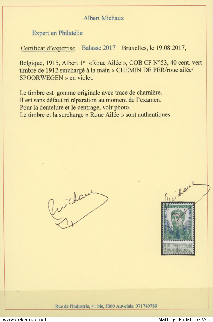 [* SUP] TR53, 40c Vert Pellens Surchargé Roue Ailée. Signé Et Certificat Photo - Cote: 525€ - Andere & Zonder Classificatie