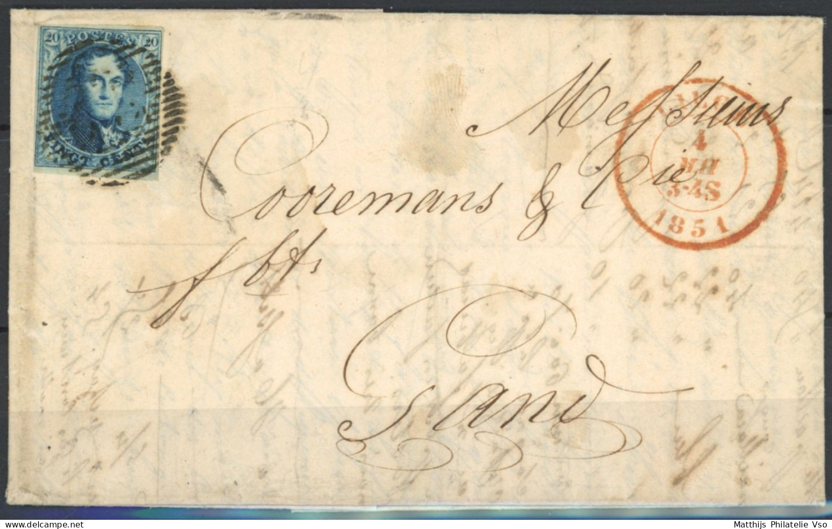 [Lettre TB] N° 4 TB Margé Sur Lettre De Liège Le 4 Mai 1851 Vers Gand - 1849-1850 Medaillons (3/5)