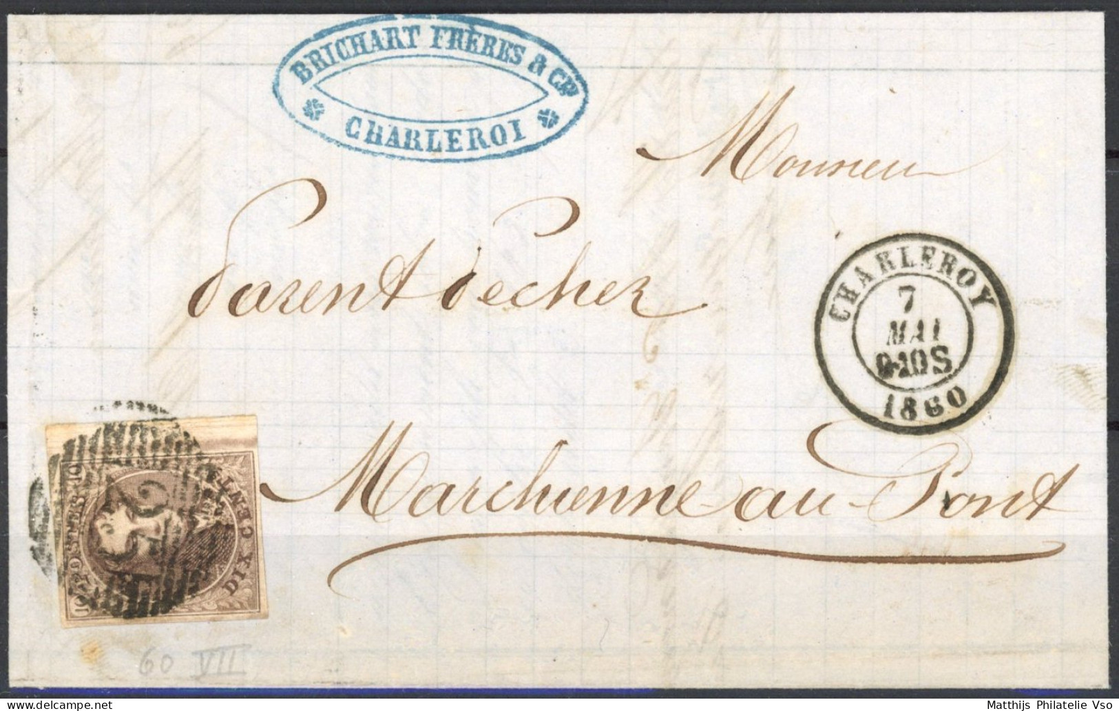 [Lettre TB] N° 10A Margé Avec Bdf (pl.VII T.60) Sur Lettre 'P25' Charleroi Le 7 Mai 1860 Vers Marchienne-AU-Pont - 1858-1862 Medaglioni (9/12)