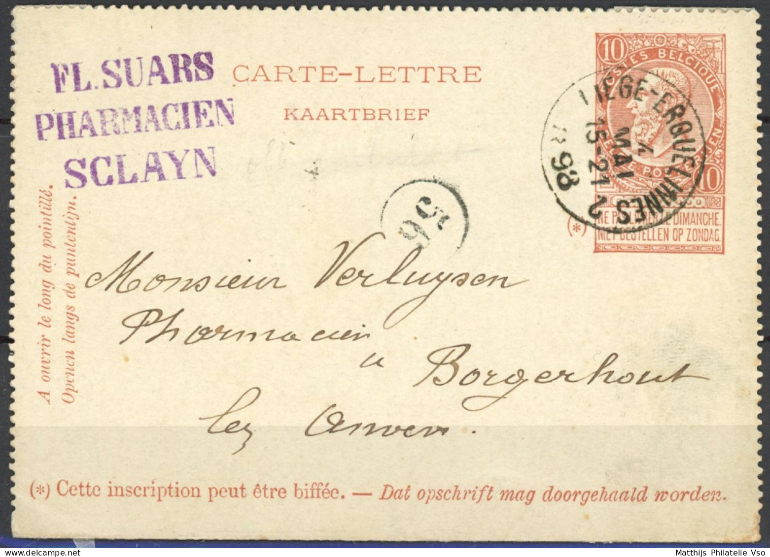 [Carte TB] 1898 : Carte-lettre 10c Rouge-brun Ambulant 'Liège-Erquelinnes 2' Type T1L Le 4 Mai Vers Borgerhout - 1893-1900 Fijne Baard