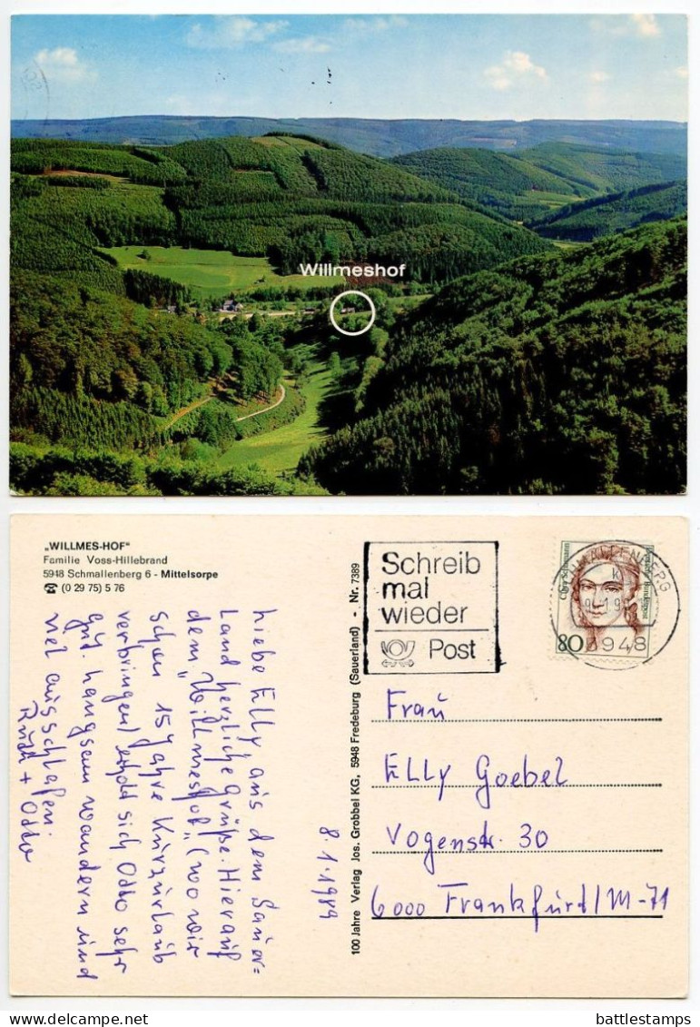 Germany 1991 Postcard Schmallenberg - Willmeshof; Slogan Cancel; 80pf. Clara Schumann Stamp - Schmallenberg