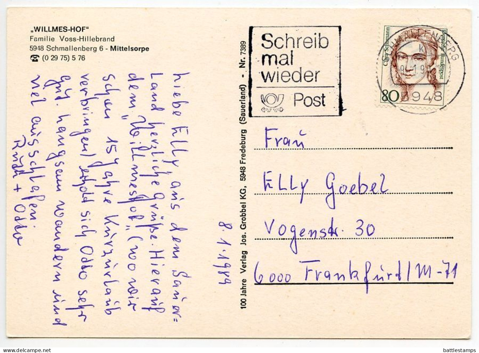 Germany 1991 Postcard Schmallenberg - Willmeshof; Slogan Cancel; 80pf. Clara Schumann Stamp - Schmallenberg