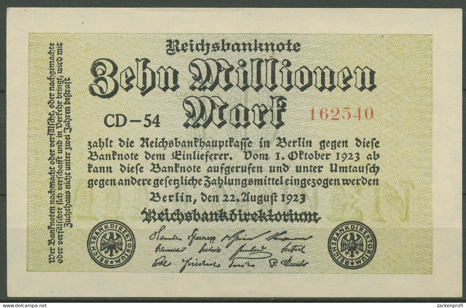 Dt. Reich 10 Millionen Mark 1923, DEU-118e FZ CD, Fast Kassenffrisch (K1208) - 10 Miljoen Mark