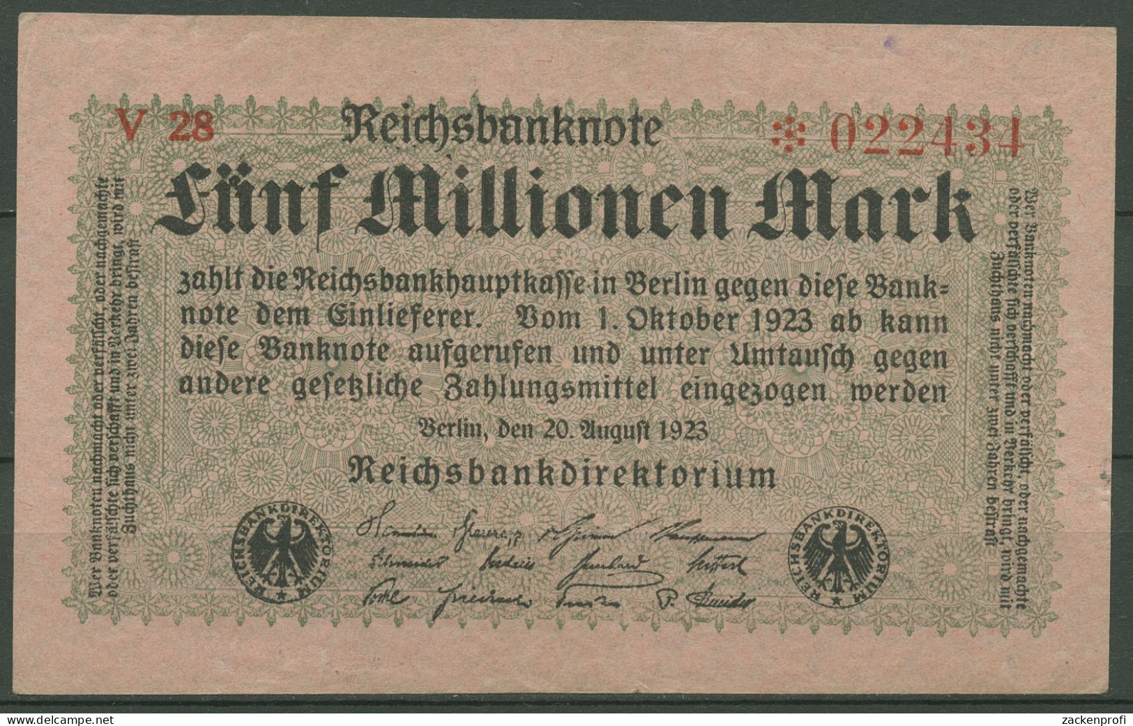 Dt. Reich 5 Millionen Mark 1923, DEU-117b FZ V, Leicht Gebraucht (K1244) - 5 Miljoen Mark