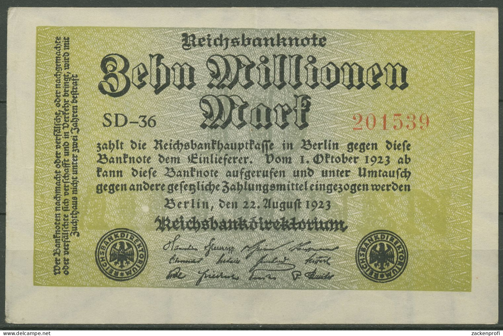 Dt. Reich 10 Millionen Mark 1923, DEU-118g FZ SD, Leicht Gebraucht (K1213) - 10 Millionen Mark