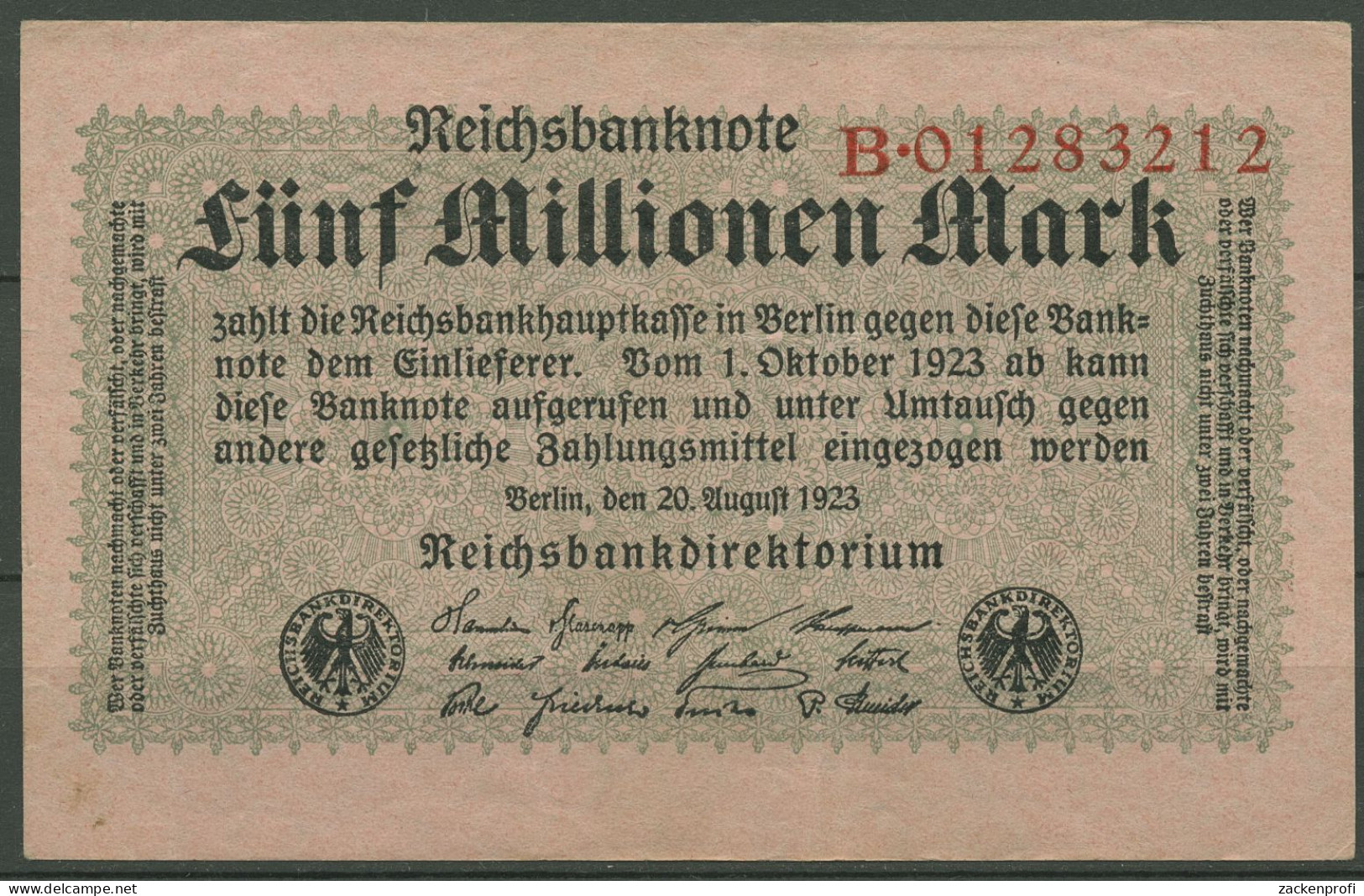 Dt. Reich 5 Millionen Mark 1923, DEU-117a Serie B, Leicht Gebraucht (K1232) - 5 Miljoen Mark