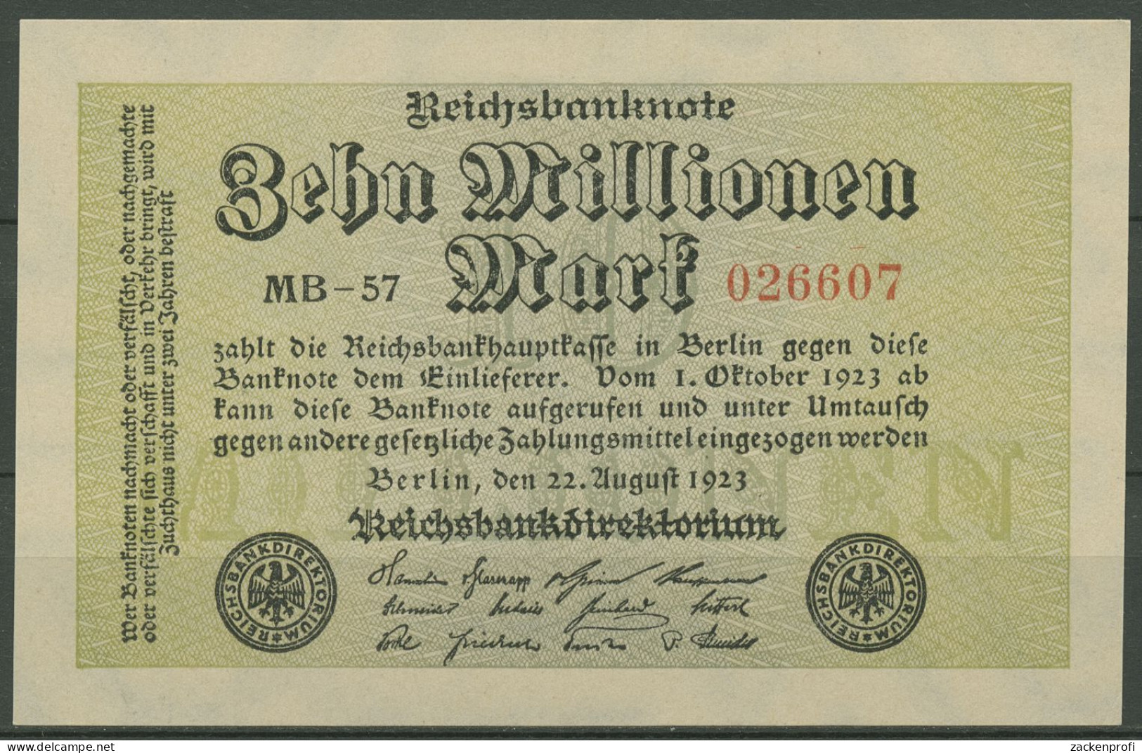 Dt. Reich 10 Millionen Mark 1923, DEU-118g FZ MB, Fast Kassenffrisch (K1223) - 10 Mio. Mark