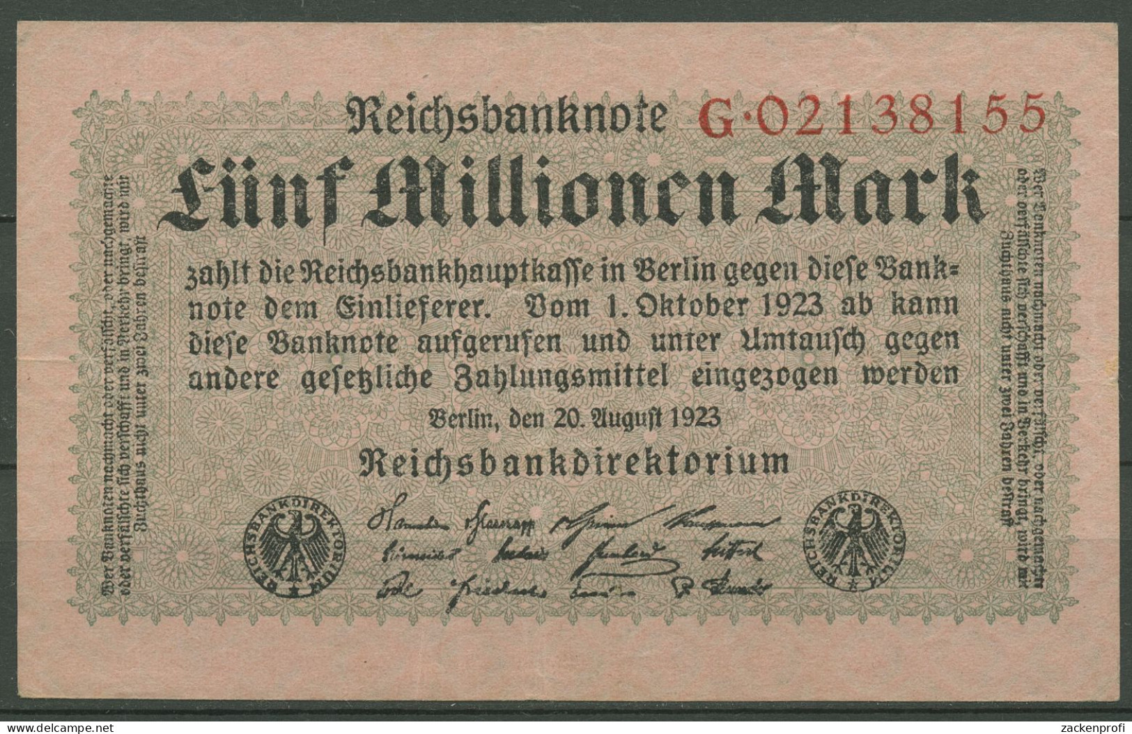 Dt. Reich 5 Millionen Mark 1923, DEU-117a Serie G, Gebraucht (K1239) - 5 Miljoen Mark