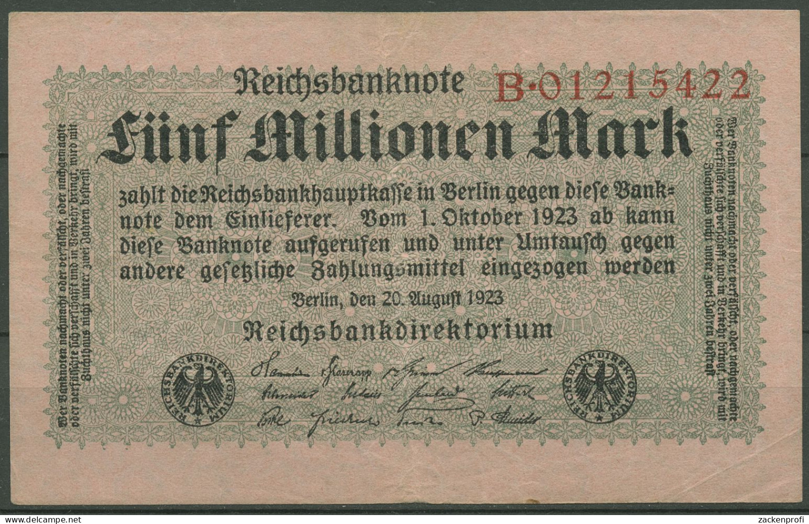 Dt. Reich 5 Millionen Mark 1923, DEU-117a Serie B, Gebraucht (K1233) - 5 Millionen Mark