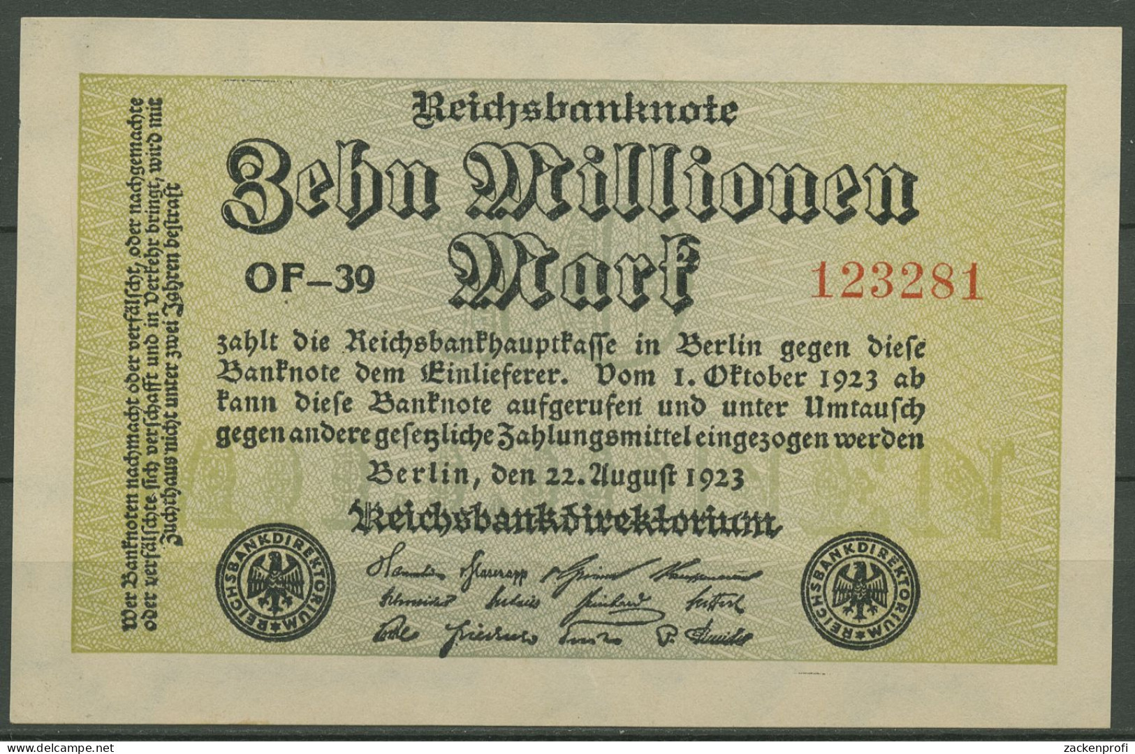 Dt. Reich 10 Millionen Mark 1923, DEU-118g FZ OF, Kassenffrisch (K1215) - 10 Mio. Mark