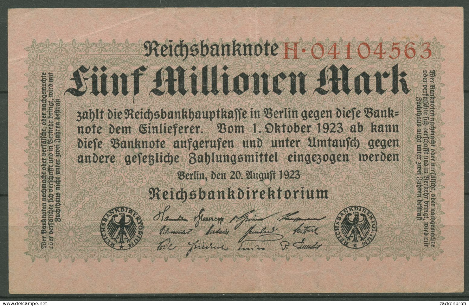 Dt. Reich 5 Millionen Mark 1923, DEU-117a Serie H, Leicht Gebraucht (K1235) - 5 Miljoen Mark