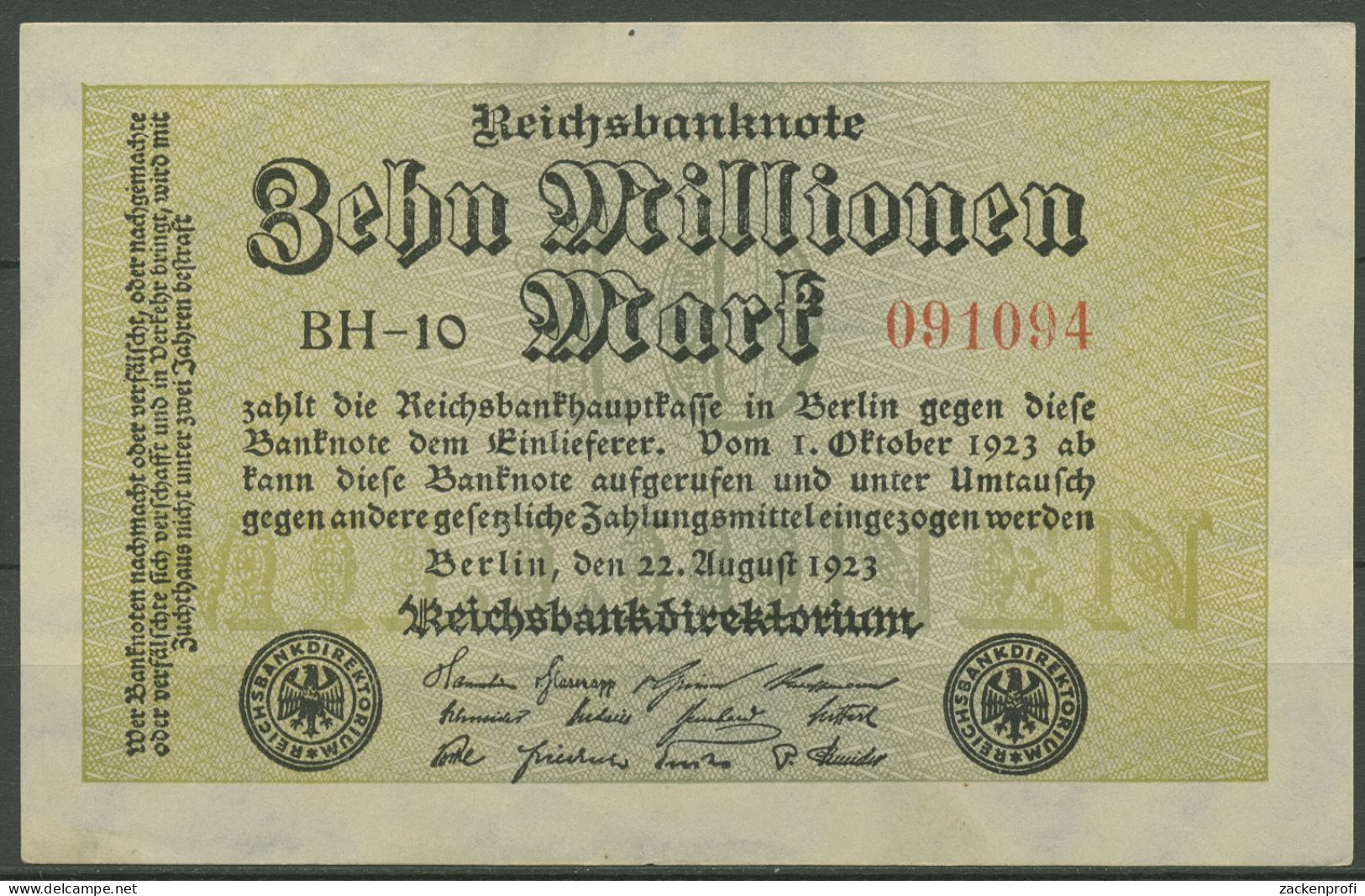 Dt. Reich 10 Millionen Mark 1923, DEU-118g FZ BH, Gebraucht (K1227) - 10 Millionen Mark
