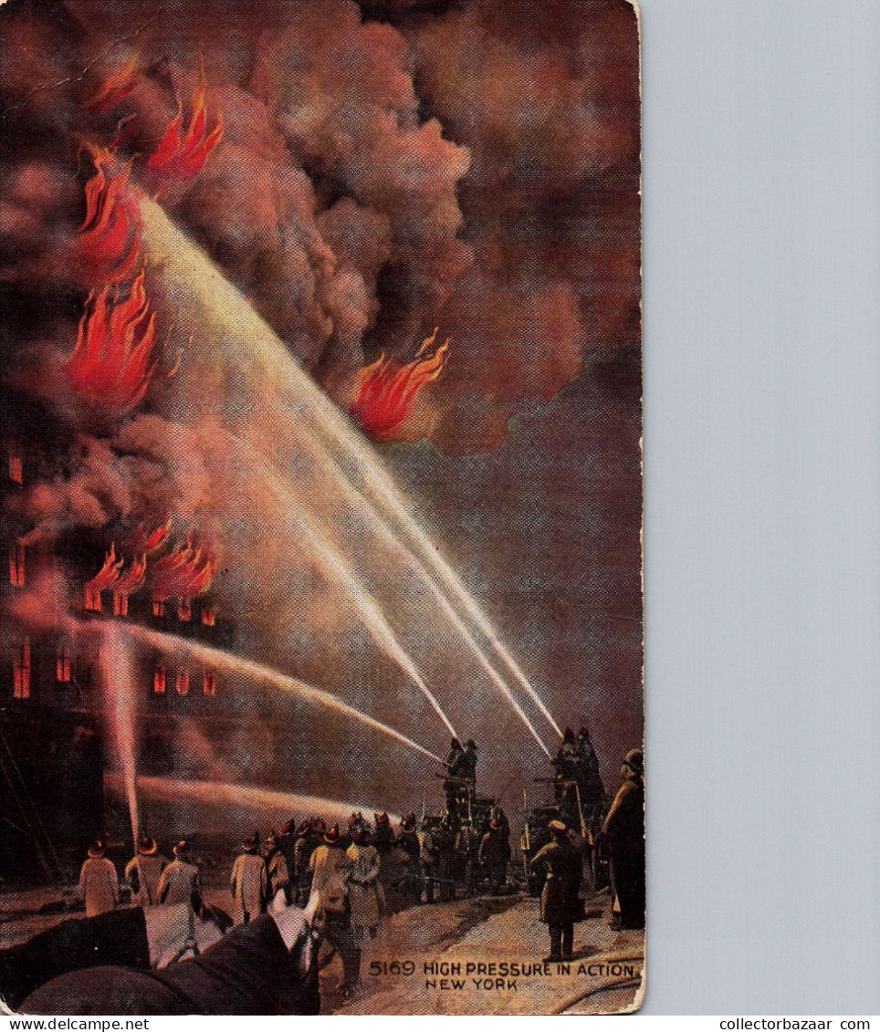 New York Firemen High Pressure In Action Horse Carriage Vintage Postcard HH Tammen Co - Feuerwehr