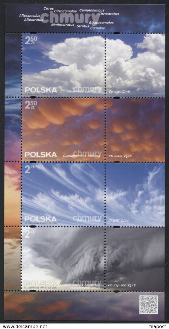 2016 Poland Mi Bl. 252 Clouds Sky, Cumulonimbus, Cirrus, Rain, Weather, Nature, Full Set In Sheet MNH** - Natur