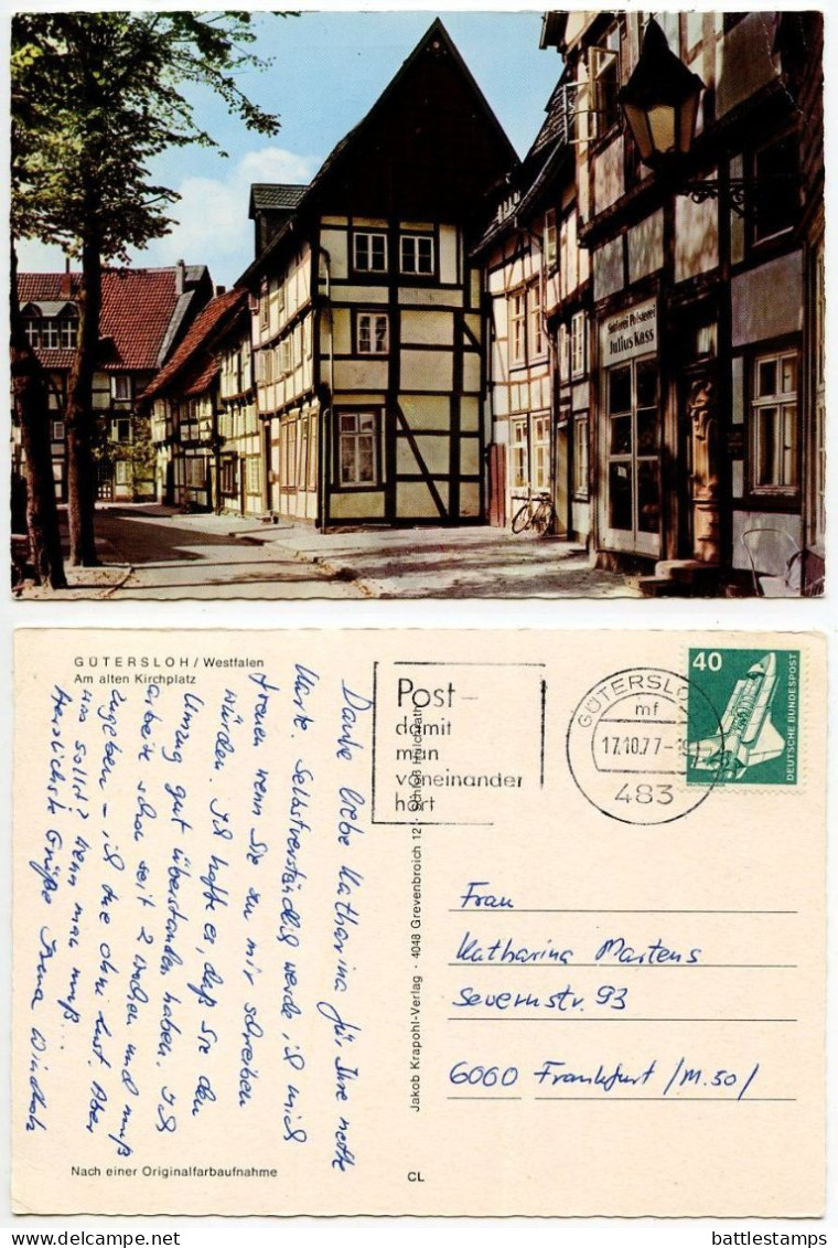 Germany, West 1977 Postcard Gütersloh - Am Alten Kirchplatz; Slogan Cancel; 40pf. Space Shuttle Stamp - Gütersloh