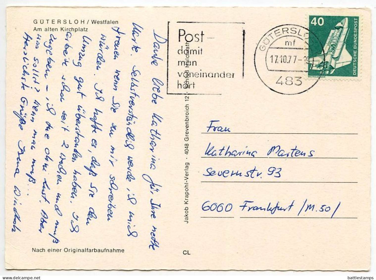 Germany, West 1977 Postcard Gütersloh - Am Alten Kirchplatz; Slogan Cancel; 40pf. Space Shuttle Stamp - Guetersloh