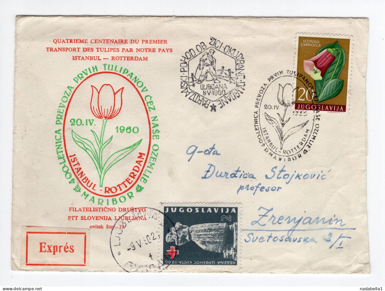 1960. YUGOSLAVIA,SLOVENIA,LJUBLJANA,SPECIAL COVER AND CANCELLATION:FIRST TULIP ISTANBUL-ROTTERDAM,TPO,EXPRESS COVER - Lettres & Documents