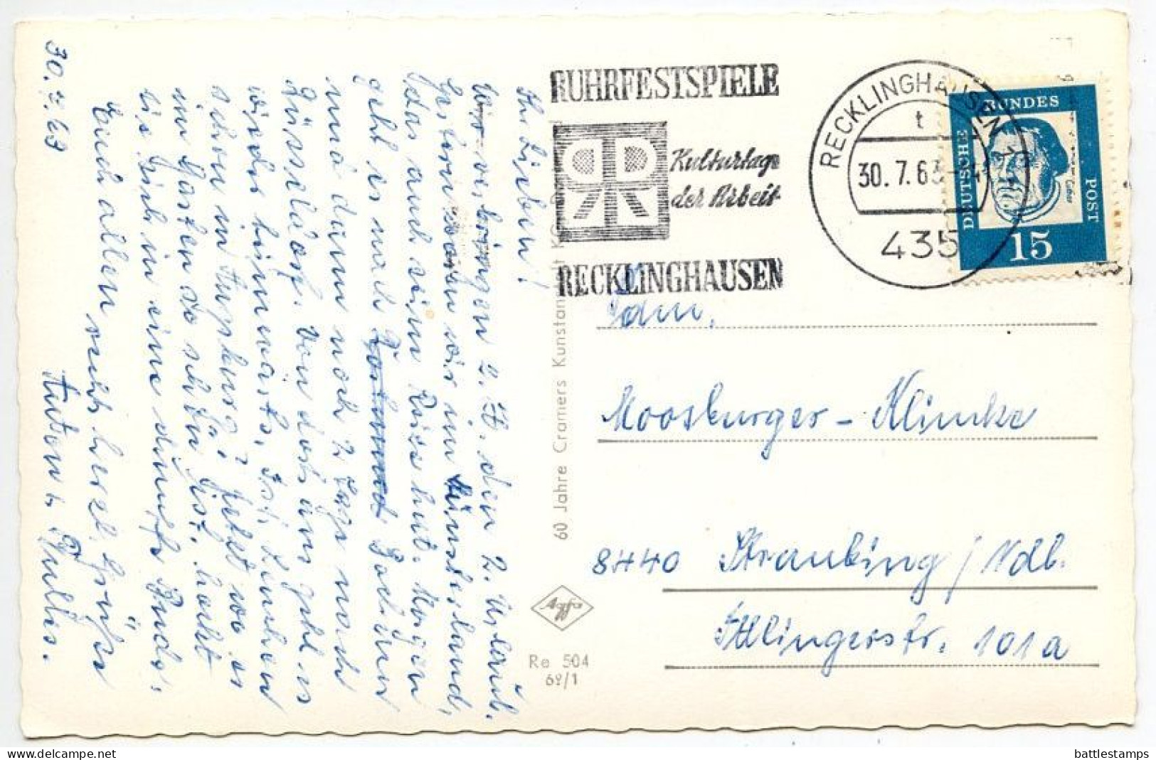 Germany, West 1963 Postcard Recklinghausen - Stadt Der Ruhrfestspiele; Slogan Cancel; 15pf. Martin Luther Stamp - Recklinghausen