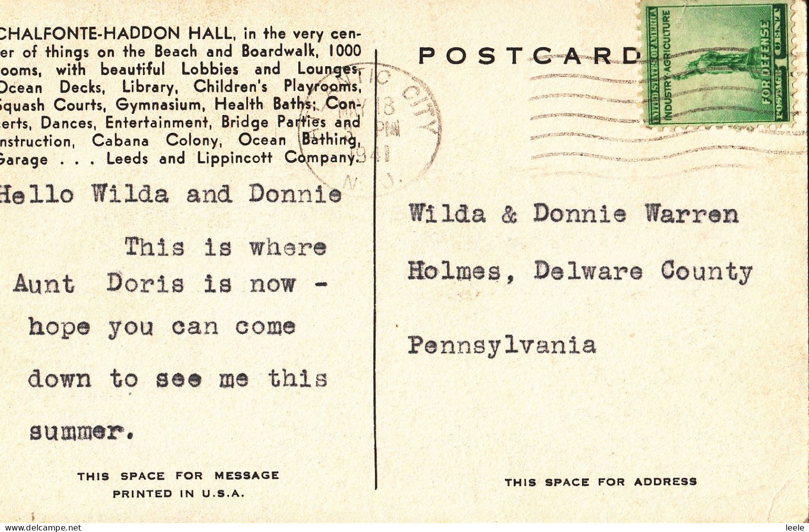 CC81.  Vintage Postcard.  Chalfonte-Haddon Hall Hotel.  Atlantic City. New Jersey. USA - Atlantic City
